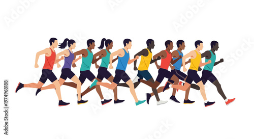 Group of diverse runners in a competitive marathon race