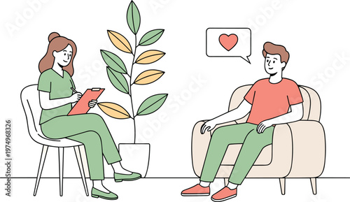 Therapy session illustration, psychologist consulting patient, mental health counseling concept, support and communication vector, modern flat isolated design