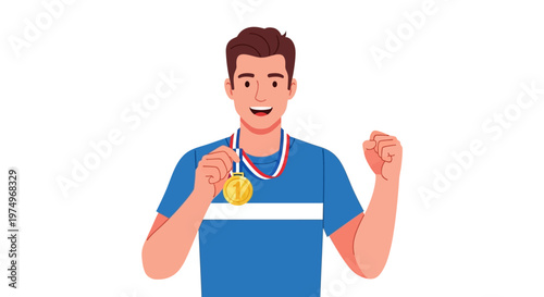 Happy athlete celebrating with gold medal on white background