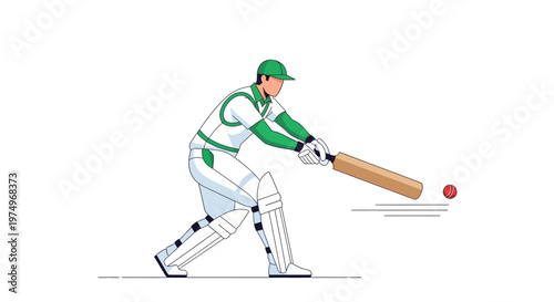 Illustration of a Cricketer Batting in White and Green Uniform