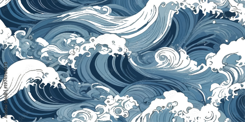 Fototapeta premium Seamless abstract blue background with floral vector patterns and flowing water waves featuring winter swirls and nature ornaments for a seasonal wallpaper design