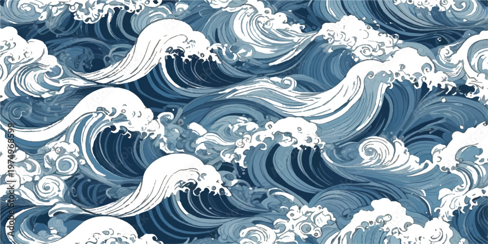 Fototapeta premium Abstract blue vector wallpaper featuring a seamless floral pattern with winter flowers and ocean wave swirls for a decorative nature illustration
