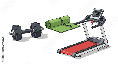 Home gym equipment illustration with treadmill, dumbbell, and yoga mat