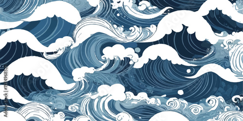 Abstract seamless water wave pattern vector illustration featuring blue ocean curves and nature elements for a decorative summer sea wallpaper design