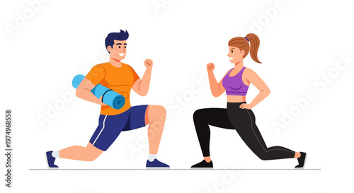 Fitness couple performing lunges with yoga mat in modern vector illustration