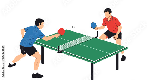 Two men playing table tennis on a green ping pong table