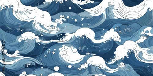 An abstract blue vector illustration of a seamless pattern with waves and splashes creates a decorative ocean landscape design featuring a boat and jumping dolphins under a summer sun