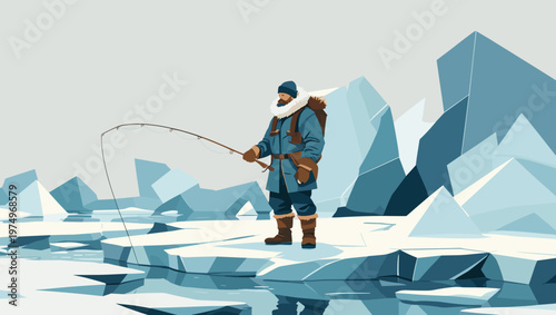 Ice fisherman in cold winter atmosphere on frozen lake with icebergs