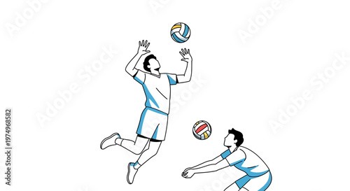 Illustration of two men playing volleyball with colorful ball