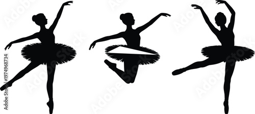 Ballerina dancer silhouette set, ballet performance poses graceful female isolated vector dance illustration design