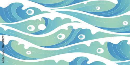 Canvastavla Seamless blue vector illustration of ocean sea waves and marine fish art design