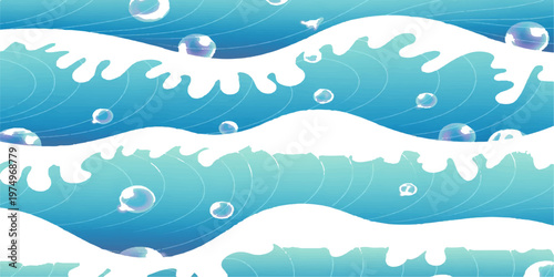 Abstract blue ocean sea wave background vector illustration featuring a seamless nature pattern with summer sun and clouds in a marine landscape design