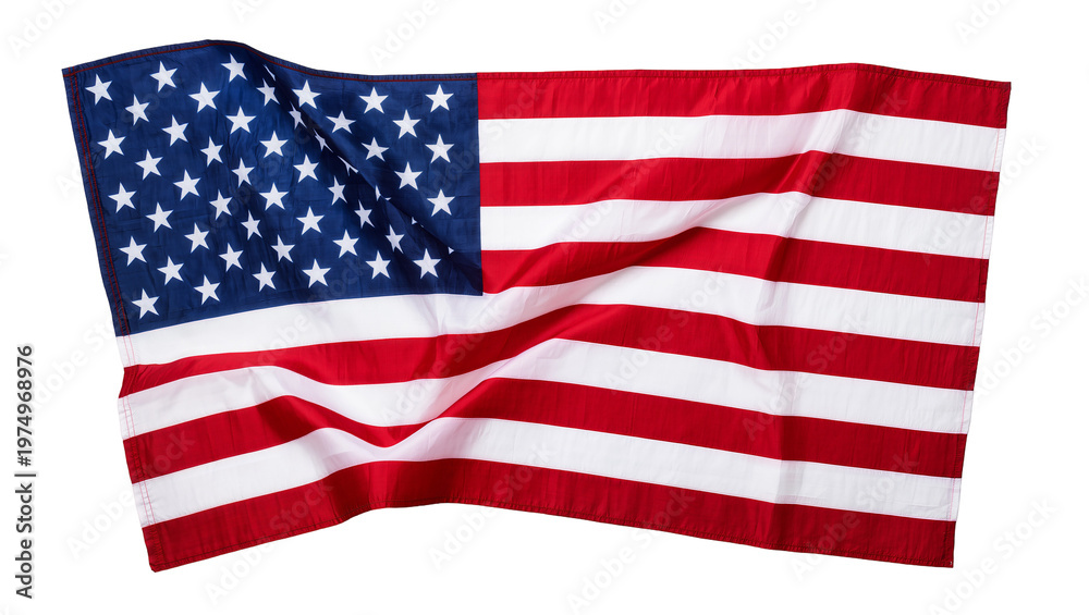 Obraz premium Isolated waving American flag with bright red, white, and blue colors, symbol of freedom