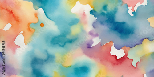 Vibrant abstract watercolor painting of a sunlit summer cloudscape featuring pastel blue ink textures on vintage artistic paper