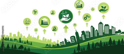 Green smart city sustainability landscape with eco icons renewable energy recycling and environmental protection modern flat illustration design