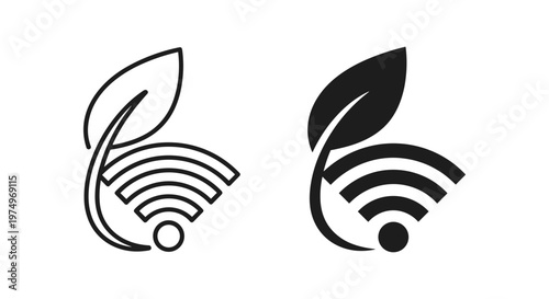 Eco-friendly wifi icon set, green technology wireless signal with leaf, sustainable internet connection symbols, black vector line and solid icons