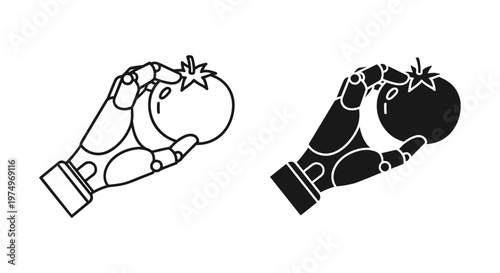 Robotic hand holding tomato vector icons, futuristic cyborg arm picking fresh vegetable, automated agriculture and smart farming concept