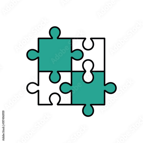 Four interlocking puzzle pieces in teal and white representing connection
