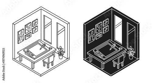 Isometric digital artist workspace vector, creative studio room with drawing tablet and stylus, modern designer office interior in line art style