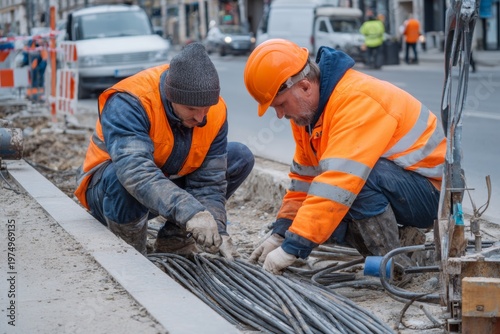 Electricians Work on Underground Cables During Infrastructure Rebuilding in a City Street in the Morning