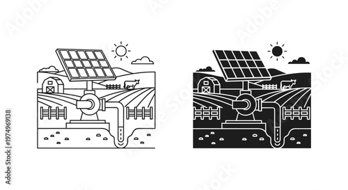 Solar powered irrigation system vector, renewable energy for smart farming and agriculture, sustainable water pump technology in rural landscape