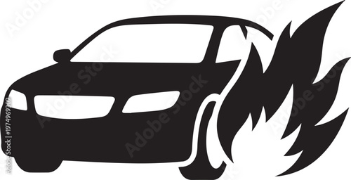 Car on fire icon with flames engulfing the front automobile accident emergency transportation illustration silhouette minimalist pictogram combustion smoldering