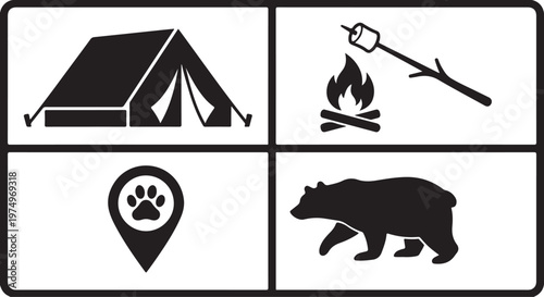 Camping icons: tent campfire with marshmallow paw print location bear silhouette camping site campfire marshmallow roasting location activity recreation wildlife