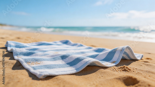 Beach towel on the sand, with the sea in the background.