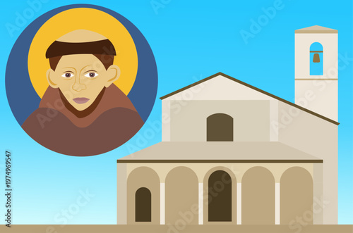 Vector illustration of the Sanctuary of La Verna with an image of Saint Francis of Assisi