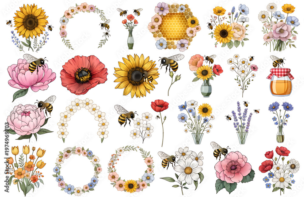 Fototapeta premium Watercolor spring bees on white basckground. Collection of Vector illustrations. Perfect for invitation, card, poster, banner, decoration
