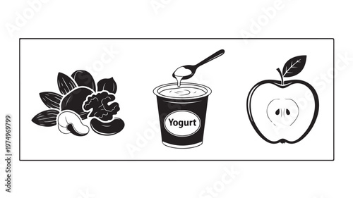 Black and white fruit and yogurt for healthy snack concepts