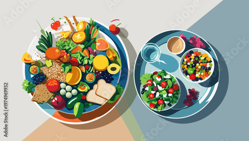 Colorful healthy food arrangement on plates, vibrant and appealing background