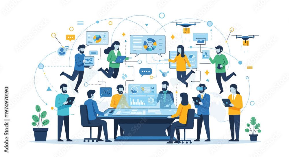Naklejka premium Business team collaboration with digital devices and data exchange