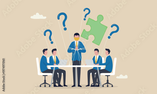 Control teams together way solve problem and conflict concept, businessman hand tied with string to control, manipulate smile face like puppet doll