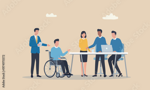  Diversity concept,meeting teams together HR officer offering job for new disabled candidate on the wheelchair be permanent employee