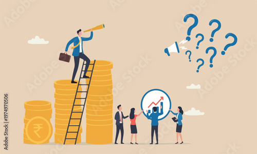 forecast profit concept, smart businessman leader climb up ladder on Indian rupee money coin with telescope look for vision