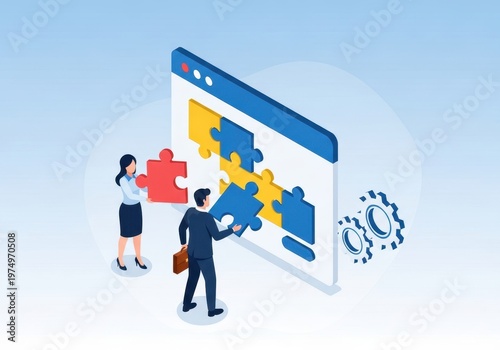 Business team working together on a puzzle on a computer screen