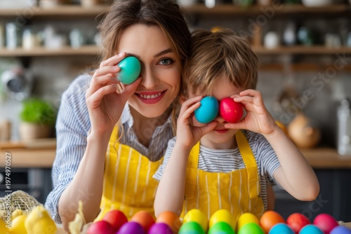 Happy Mother and Son Hold Colorful Easter Eggs While Decorating in Kitchen at Home During Spring Celebration Activities
