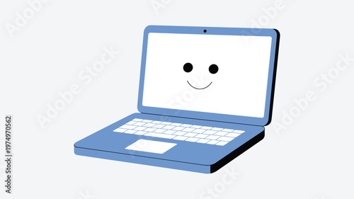 Blue laptop with a happy face on screen against a light gray keywords background computer technology