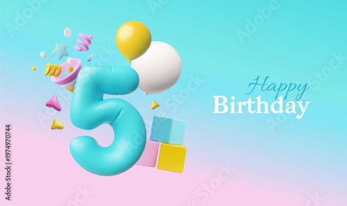 3D banner with an inflatable number five, balloons, gift cubes, party hat, and confit.
