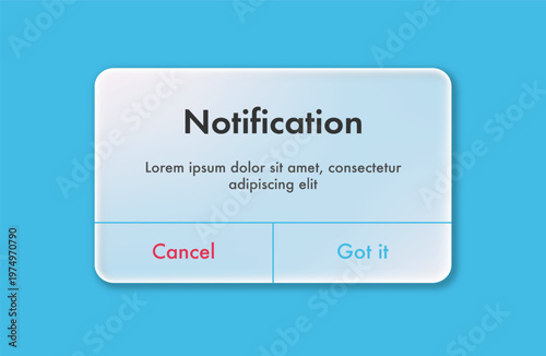 Notification popup alert ui interface alert window glassmorpism with button cancel and got it for app, mobile reminder, web, phone vector