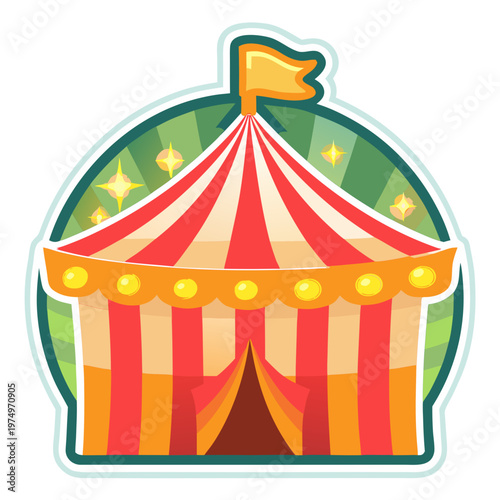 Circus tent with colorful stripes and flag