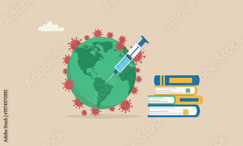 Coronavirus vaccin map meeting teams together on green sickness planet earth with red Coronavirus COVID-19 pathogen around.