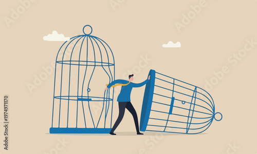  Escape from experience new challenge or break free for freedom concept, strong ambitious businessman bended the bar and escape from bird cage trap