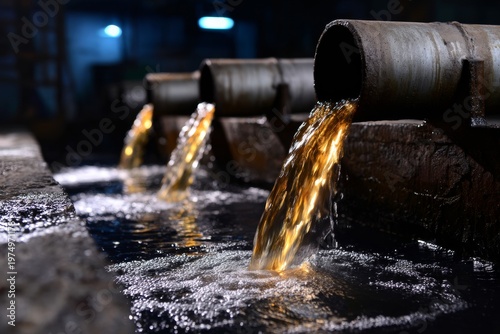 Pollution From Industrial Wastewater Flowing From Factory Pipes Into a Channel
