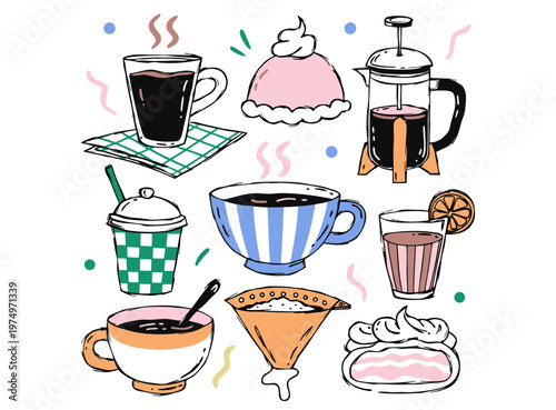 Hand drawn doodle sketch coffee clipart. Vintage brush or crayon drawn coffee cup, french press, and filter. Italian brunch and breakfast sketch ink illustration. Pastel colored Italian style clipart.