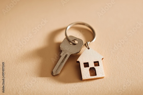 Key With House-Shaped Keychain on Beige Background for Real Estate Concept in High Resolution
