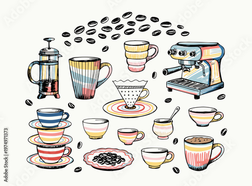 Hand drawn doodle sketch coffee clipart. Vintage brush or crayon drawn coffee cup, french press, and filter. Italian brunch and breakfast sketch ink illustration. Pastel colored Italian style clipart.