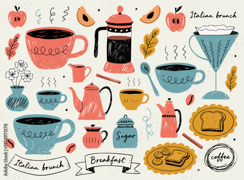 Hand drawn doodle sketch coffee clipart. Vintage brush or crayon drawn coffee cup, french press, and filter. Italian brunch and breakfast sketch ink illustration. Pastel colored Italian style clipart.
