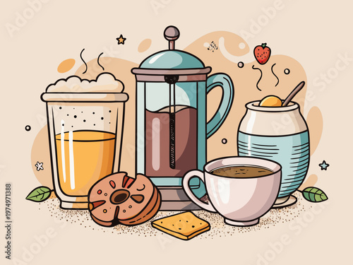 Hand drawn doodle sketch coffee clipart. Vintage brush or crayon drawn coffee cup, french press, and filter. Italian brunch and breakfast sketch ink illustration. Pastel colored Italian style clipart.